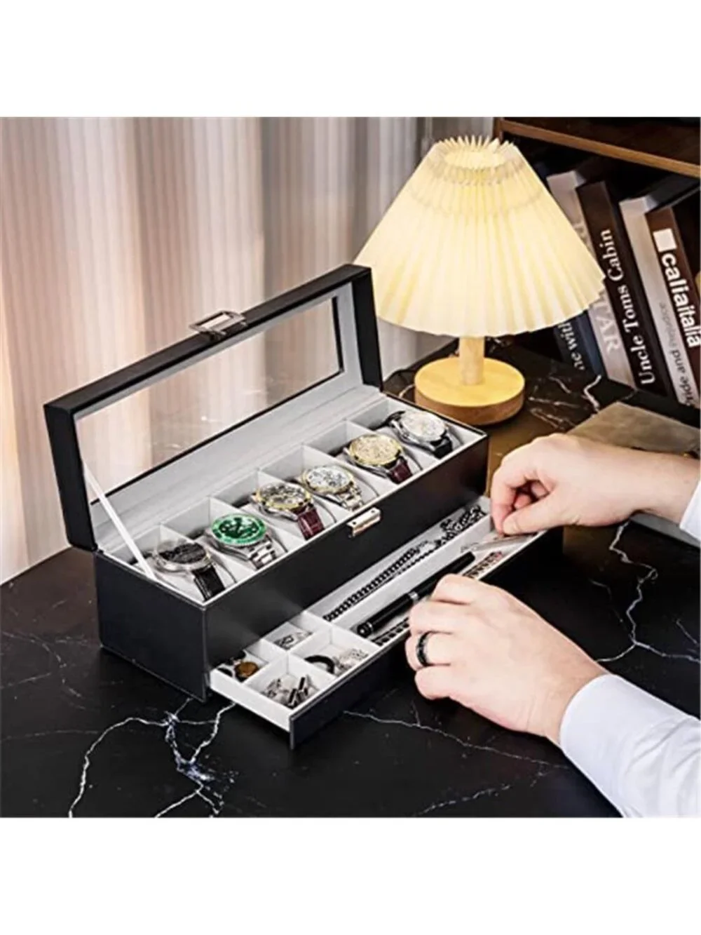 Watch Box, 6 Slot Watch Display Case with Drawer -Black
